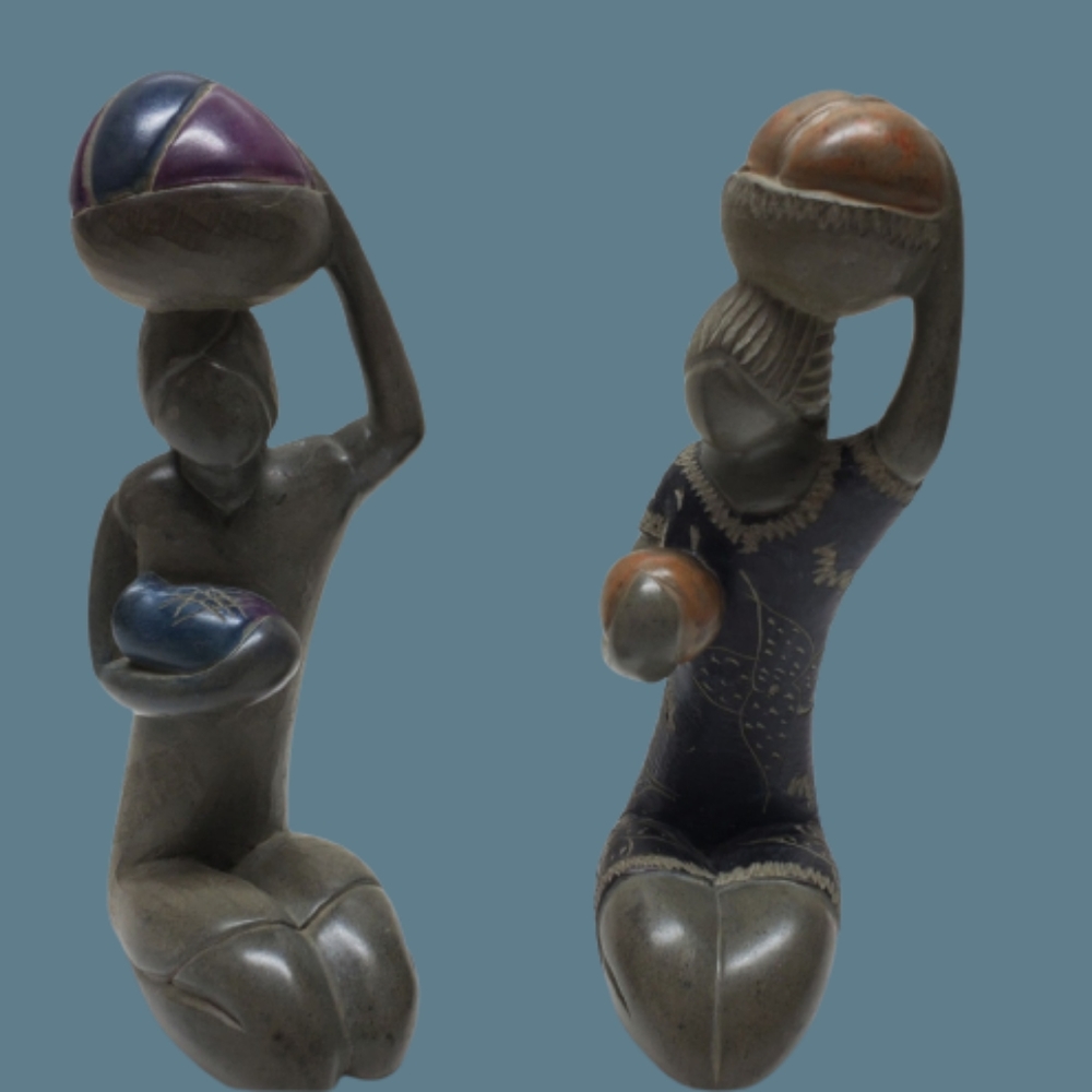 Set of 2 Hand Carved Soapstone Unique "African Women" Collectible Art Statuses